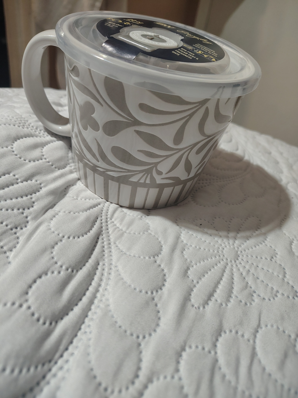 Boston Warehouse Gray and White Decorative Microwave Mug with Lid 20 Oz